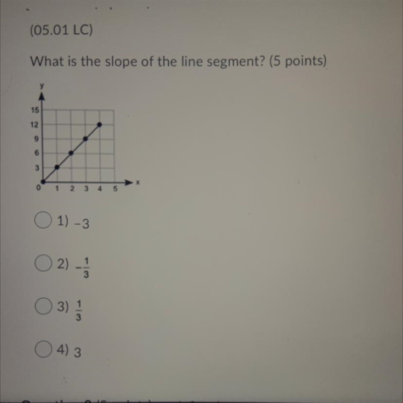 What is the slope of the line segment? (5 points) 15 12 9 6 3 0 1 2 3 4 1) -3 2) - 1 3 3) 1 11/3 4) 3-example-1