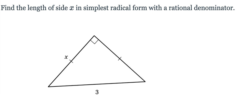 Find the length of side xx in simplest radical form with a rational denominator.-example-1