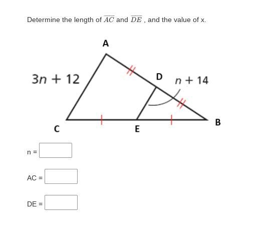 Determine the length of AC and DE, and the value of x.-example-1