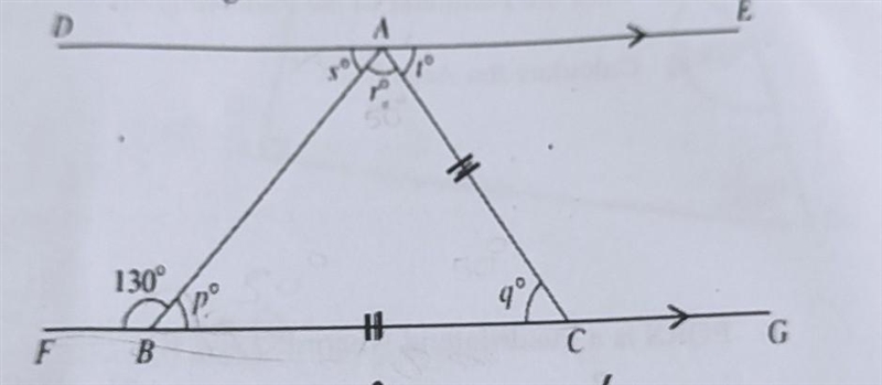 Geometry 1). In the diagram below, DAE and FBCG are parallel lines. AC = BC and angle-example-1