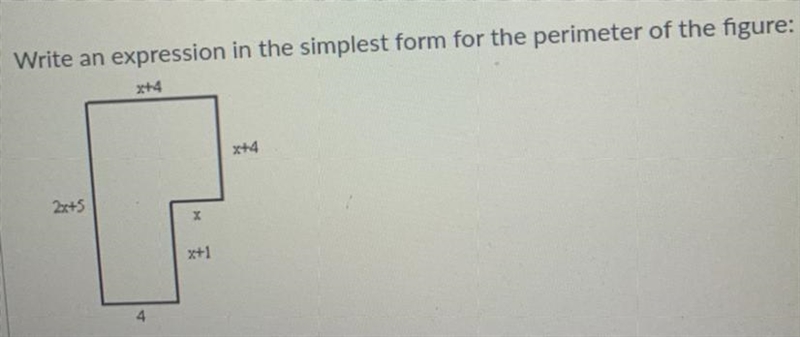 Write an expression in the simplest form for the perimeter of the figure: xh4 x+4 2x-example-1