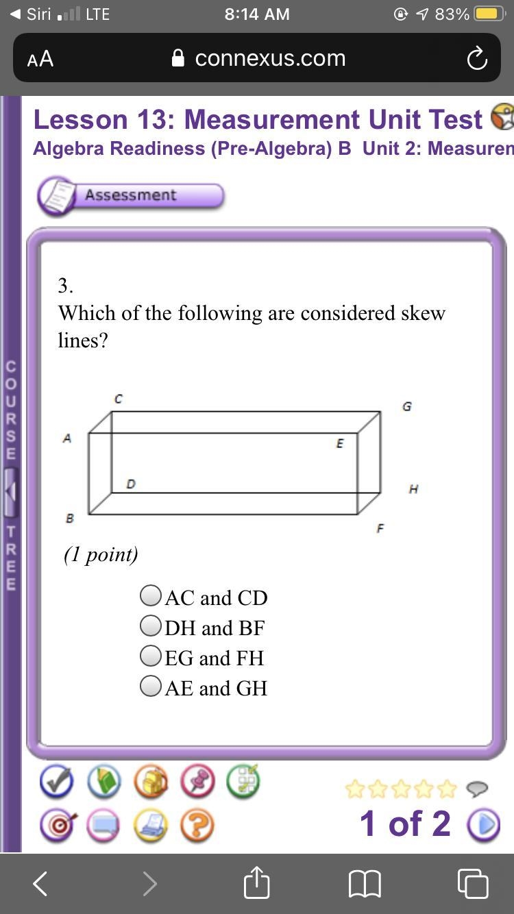 PLEASE HELP!! Which of the following are considered skew lines? A- AC and CD B- DH-example-1