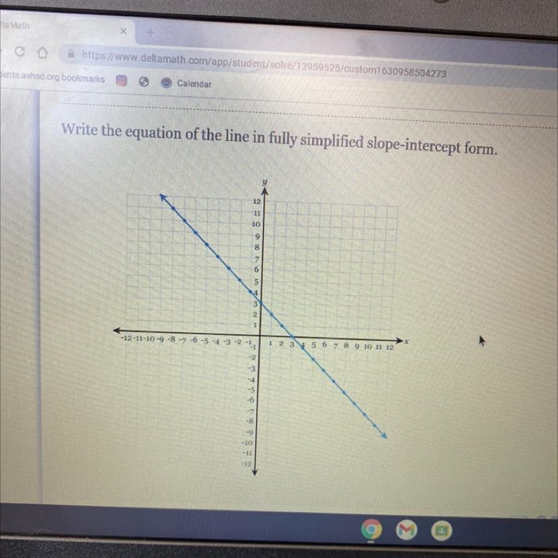 Write the equation of the line in fully simplified slope-intercept form.-example-1