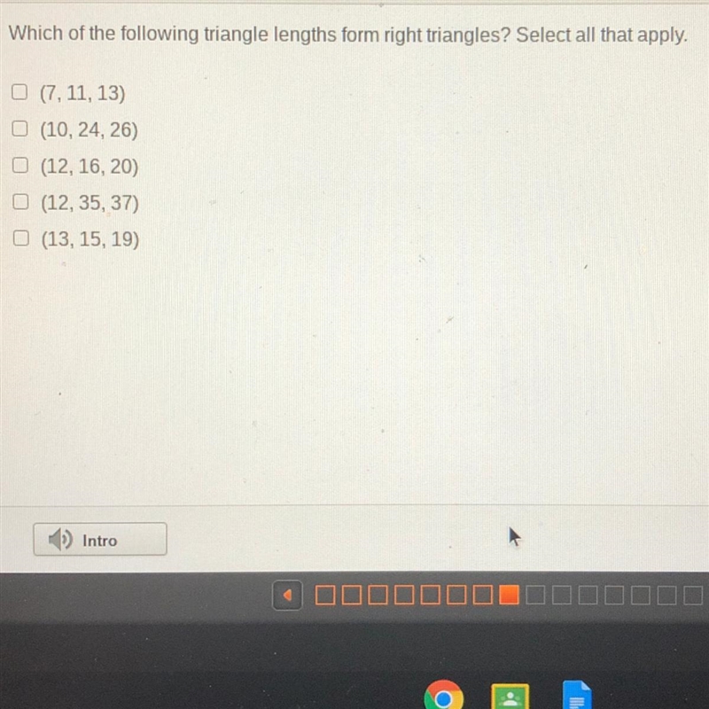 Which of the following triangle lengths form right triangles? Select all that apply-example-1