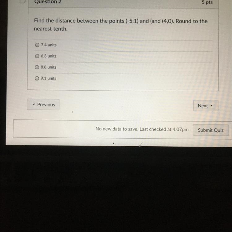 Find the distance between the points ( -5,1) and (4,0) round to the nearest tenth-example-1