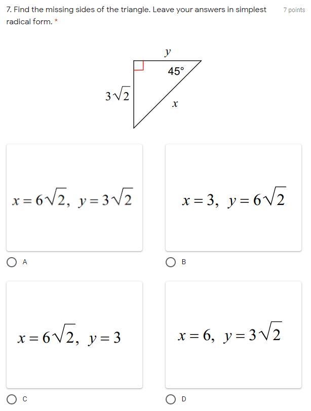 Find the missing sides of the triangle. Leave your answers in simplest radical form-example-1