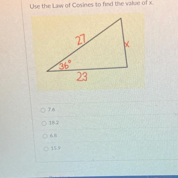 Use the law of cosines to find the value of X-example-1