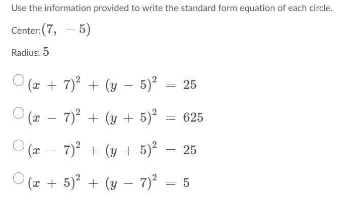 Write the standard form equation of the circle( 7,-5)-example-1