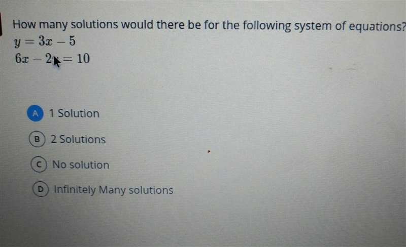 How many solutions would there be for the following system of equations? y = 3x - 5 67 – 2g-example-1