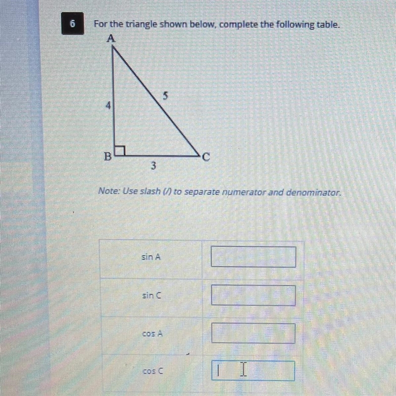 For the triangle shown below, complete the following table-example-1