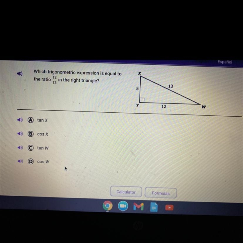 Which trigonometric expression is to equal to the ratio 12/13 in the right triangle-example-1