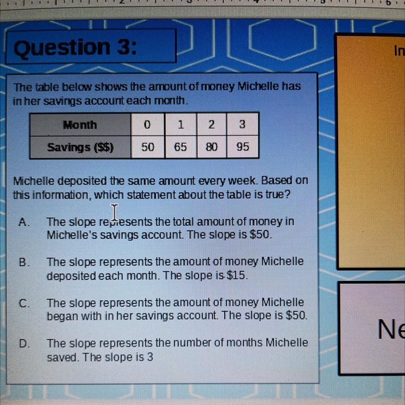 The table below shows the amount of money Michelle has in her savings account each-example-1