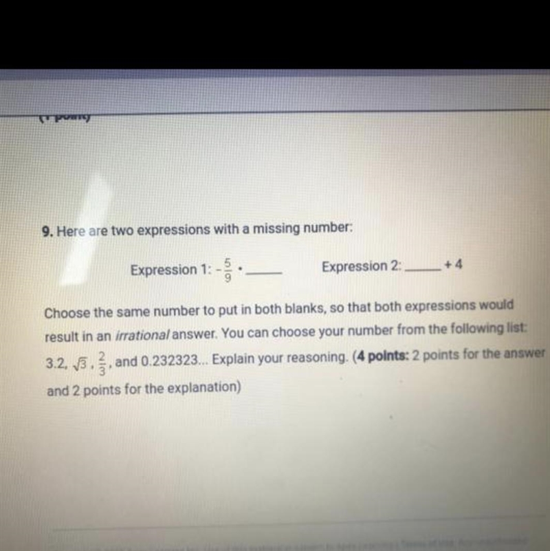 9. Here are two expressions with a missing number: Expression 1: • Expression 2: + 4 Choose-example-1