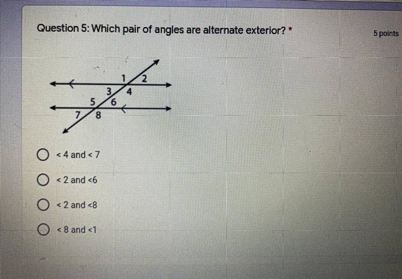 Which pair of angles are alternate exterior?????-example-1