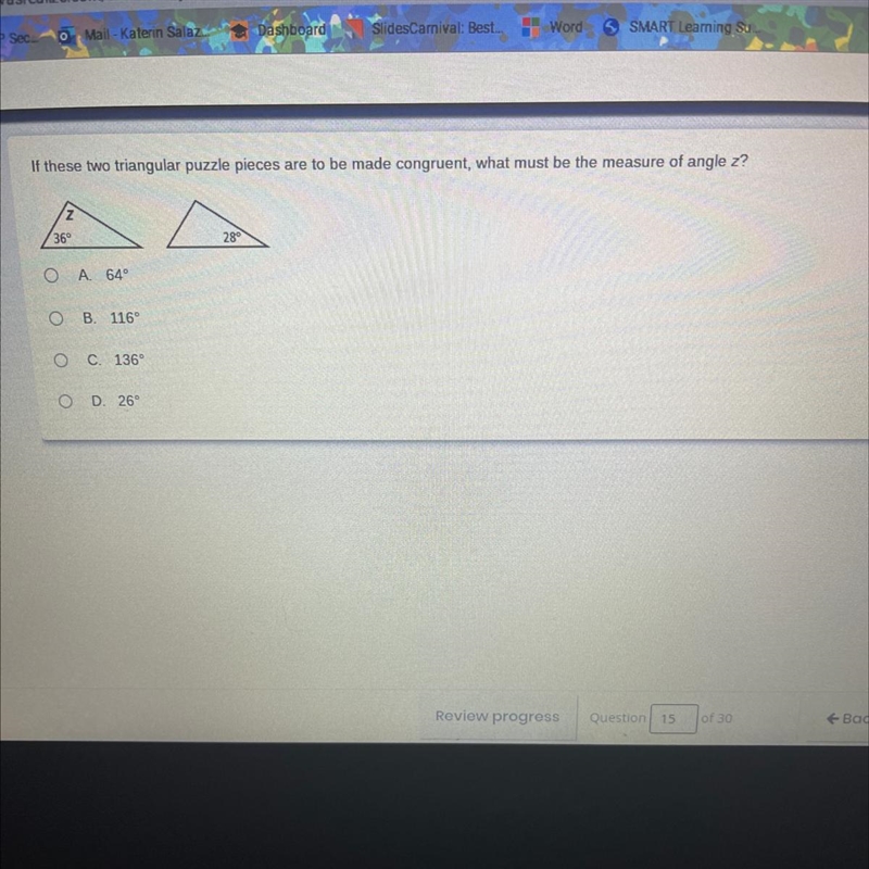 If these two triangular puzzle pieces are to be made congruent, what must be the measure-example-1