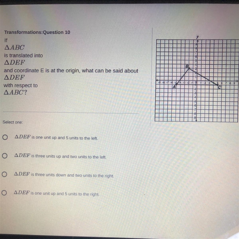 If Triangle AABC is translated into Triangle ADEF and coordinate E is at the origin-example-1