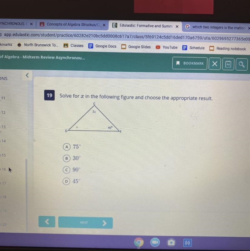 19 Solve for r in the following figure and choose the appropriate result. 2x 459 75° B-example-1