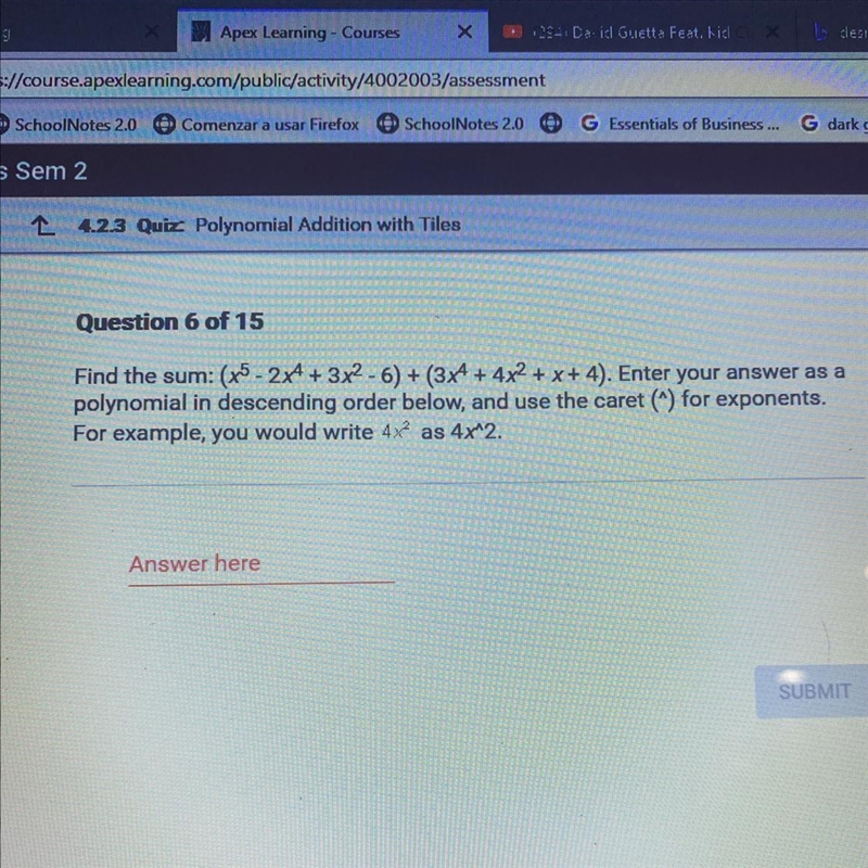 Find the sum: (x^5 - 2x^4 + 3x^2 - 6) + (3x^4 + 4x^2 + x + 4). Enter your answer as-example-1