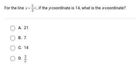 For the y= 2/3x , if the y coordinate is 14 what is the x coordinate? help asap-example-1