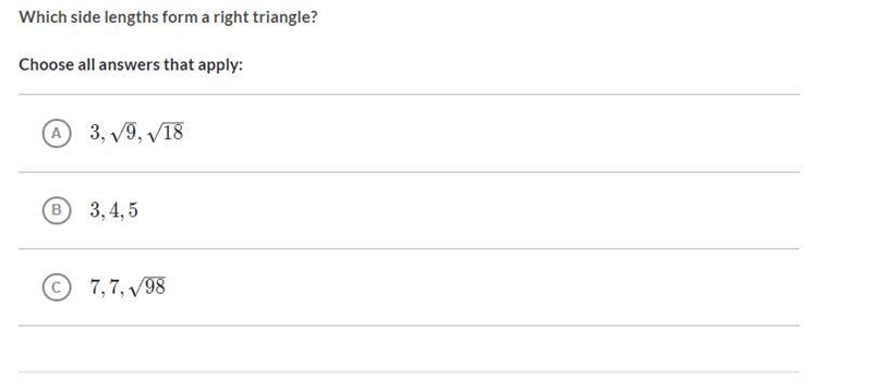 PLEASE HELP ME AND NO VIRUS LINKS 40 POINTS Which side lengths form a right triangle-example-1