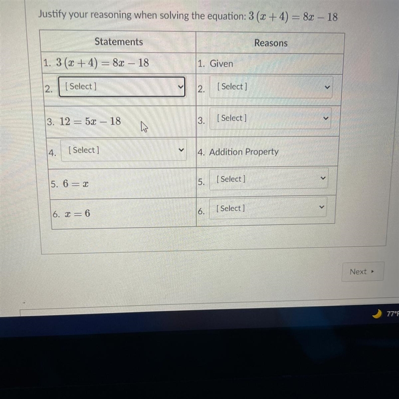 Justify your reasoning when solving the equation: 3(x+4)=8x-18-example-1