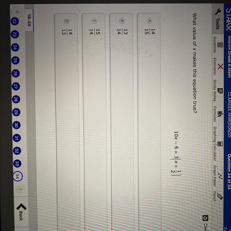 What value of x makes this equation true? 10x - 6 = A 14 15 1 13 14 o 15 14 D 14 13-example-1