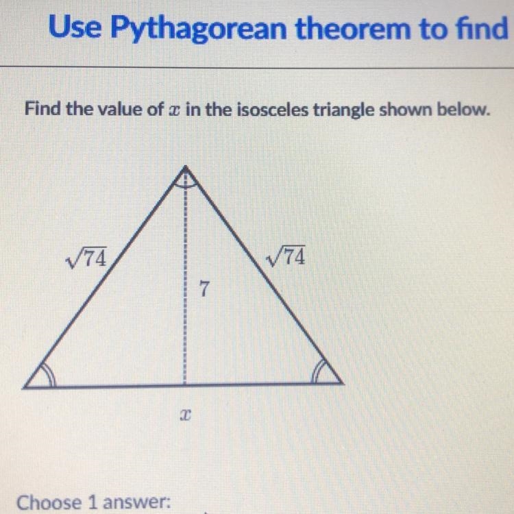 Find the value of x in the isosceles triangle shown below. Answer choices A) x= square-example-1