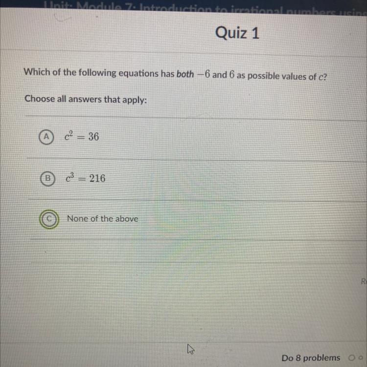 Which of the following equations has both -6 and 6 as possible values of c?-example-1