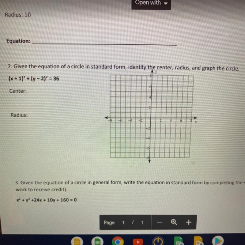 2. Given the equation of a circle in standard form, identify the center, radius, and-example-1