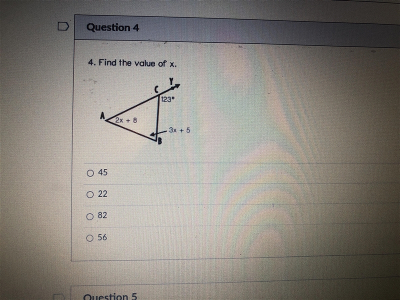 Find the value of x? A.45 B.22 C.82 D.56-example-1