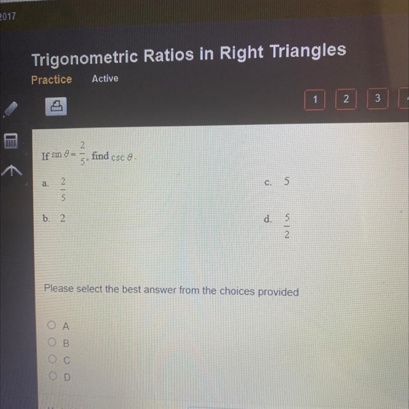 If sin0= 2/5, find csc0.-example-1