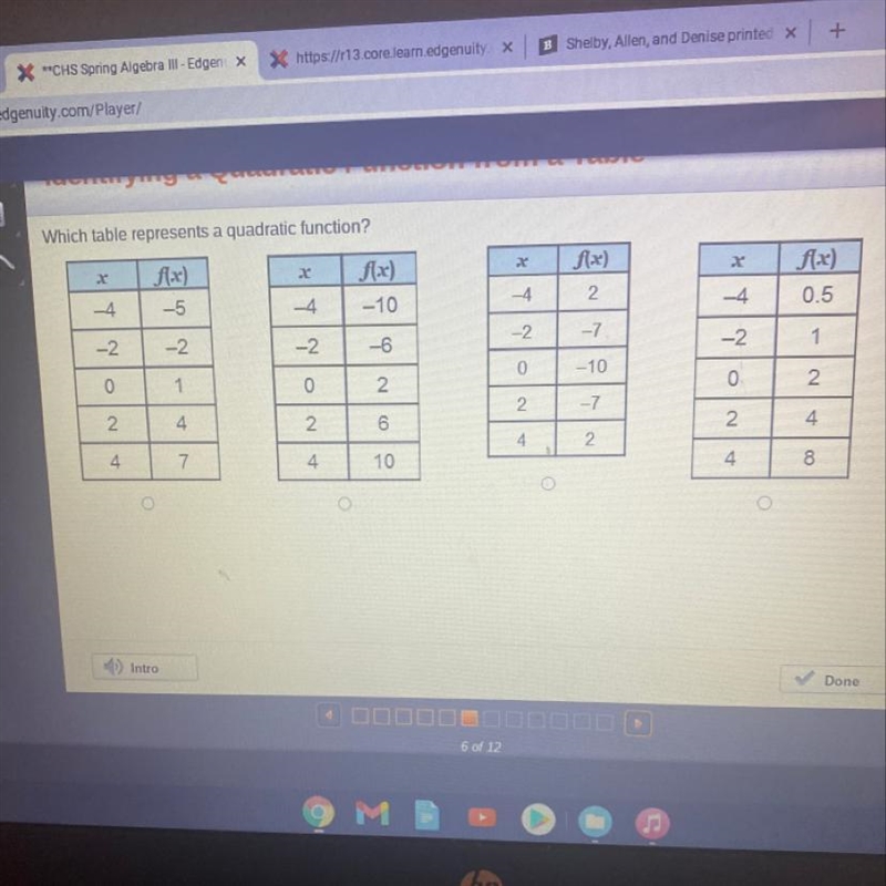 Table represents a quadratic function? Which-example-1