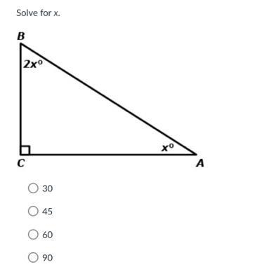 Solve for x a) 30 b)45 c) 60 d) 90-example-1