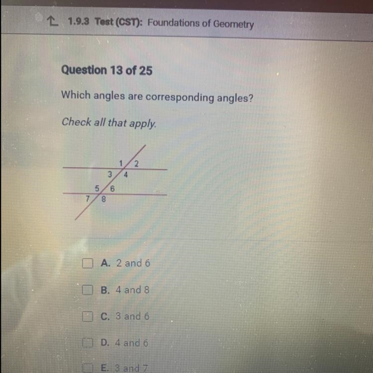 Which angles are corresponding angles? Check all that apply.-example-1