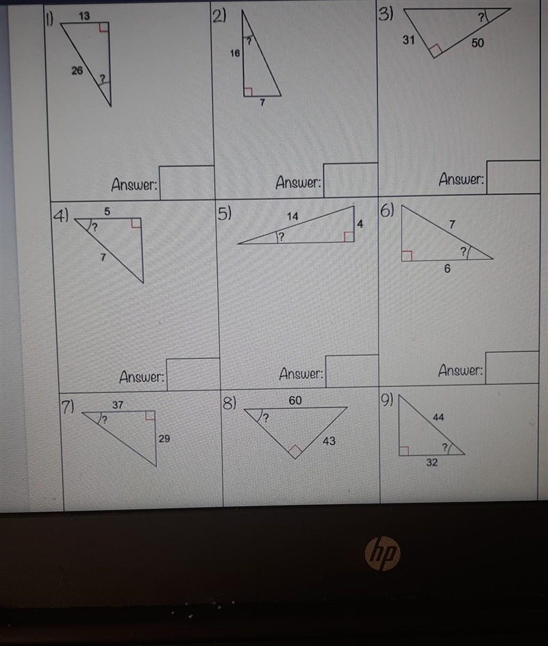 finding angle measures with trig. Find the missing angle measures. Round to the nearest-example-1