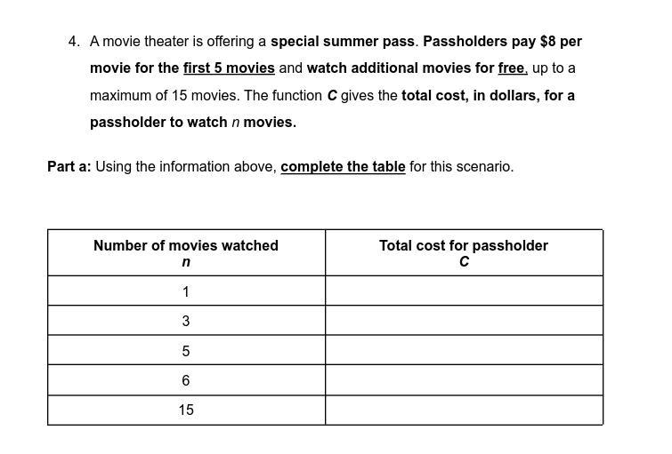 A movie theater is offering a special summer pass. Passholders pay $8 per movie for-example-1