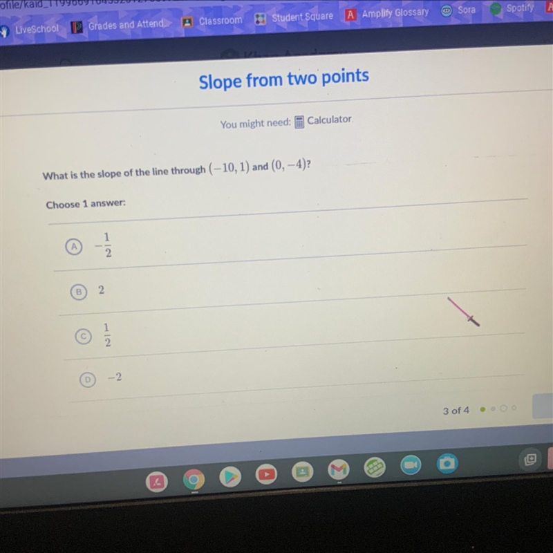 What is the slope of the line through (-10, 1) and (0, -4)?-example-1