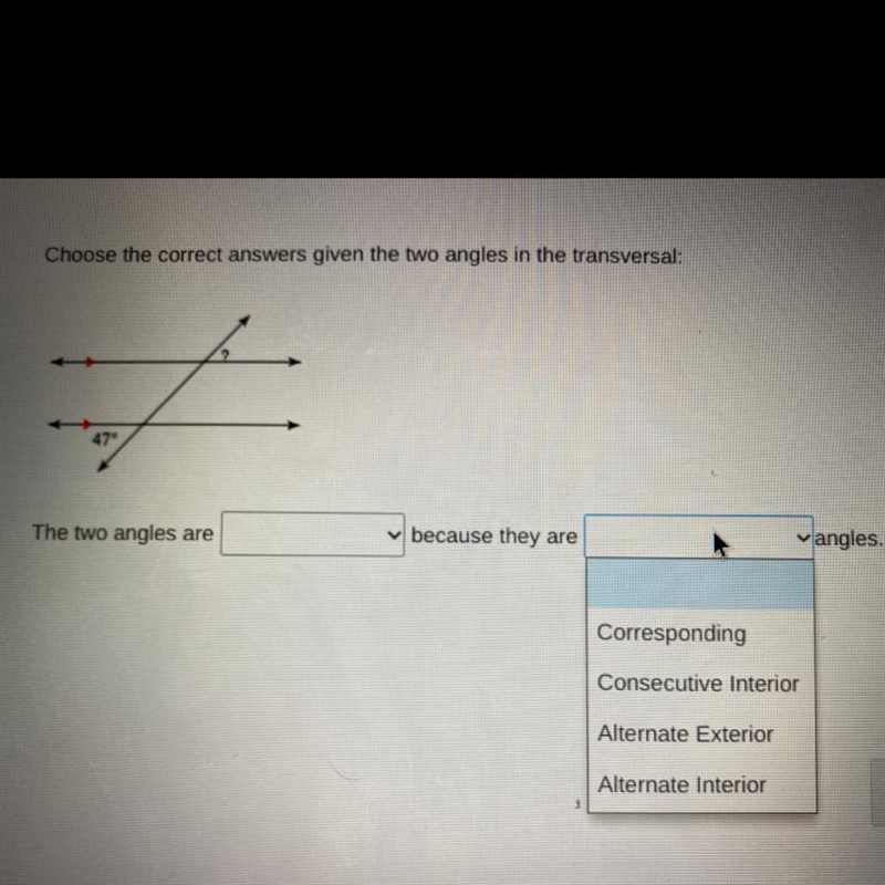 Given the two angles: 1) two angles are: Congruent Supplementary Complementary 2) because-example-1