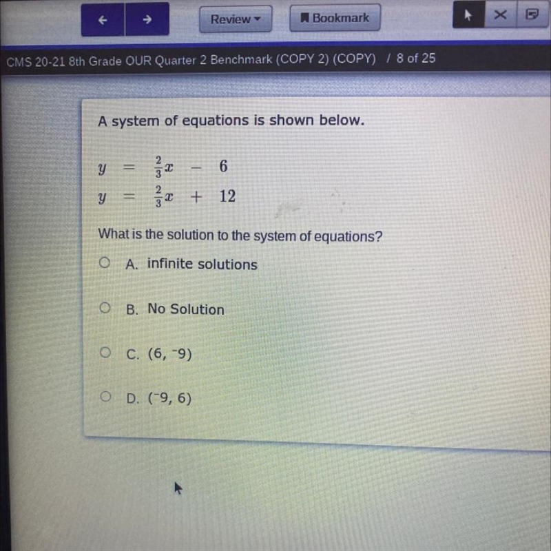 A system of equations is shown below N 6 y 12 What is the solution to the system of-example-1