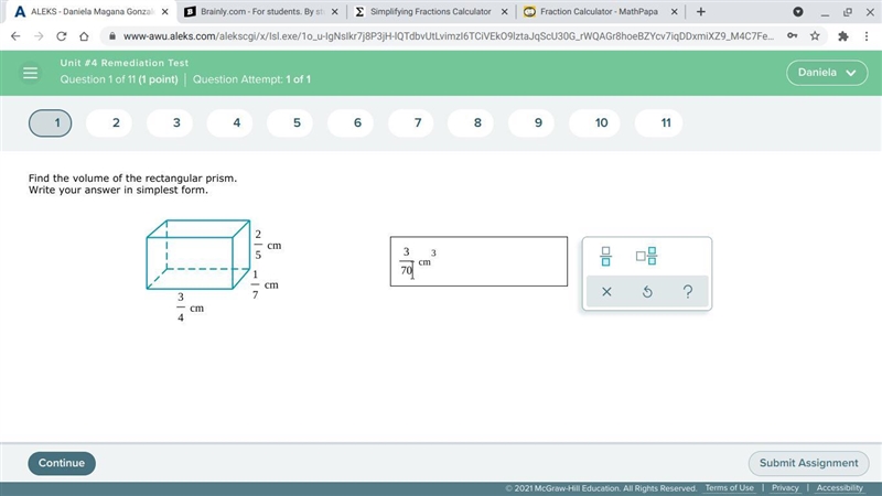 Find the volume of the rectangular prism? Write your answer in simplest form.-example-1