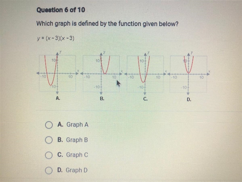 (50 points) Which graph is defined by the function given below? y = (x - 3)(x - 3) A-example-1