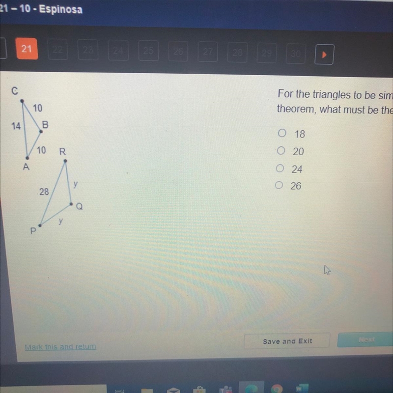 For the triangles to be similar by the SSS similarity theorem, what must be the value-example-1