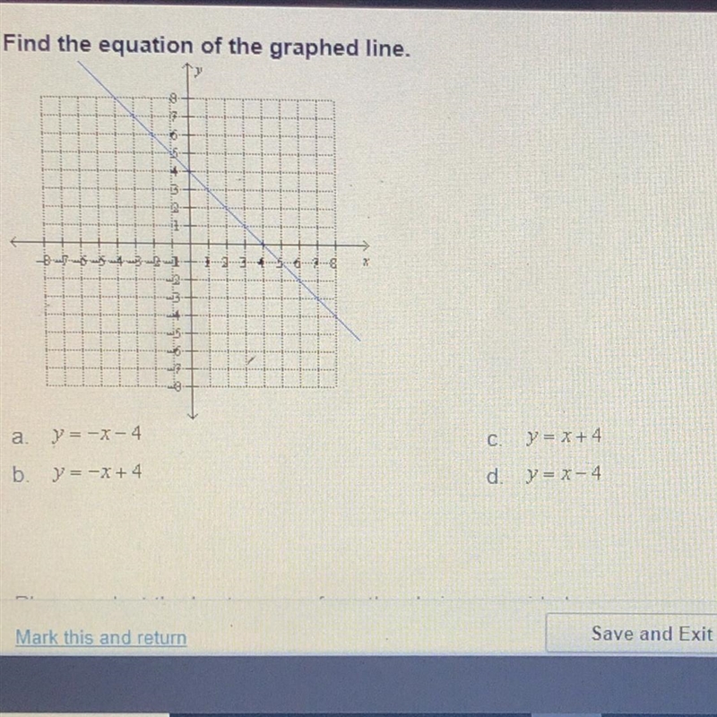 Find the equation of the graphed line. 6 23 be а. . y = -x-4 C. y=x+4 by=-x+4 d. y-example-1