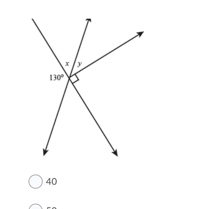 Find the value of x. Angles 1 Question 1 options: 40 50 90 130 Not enough information-example-1