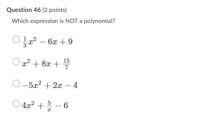 Which expression is NOT a polynomial?-example-1