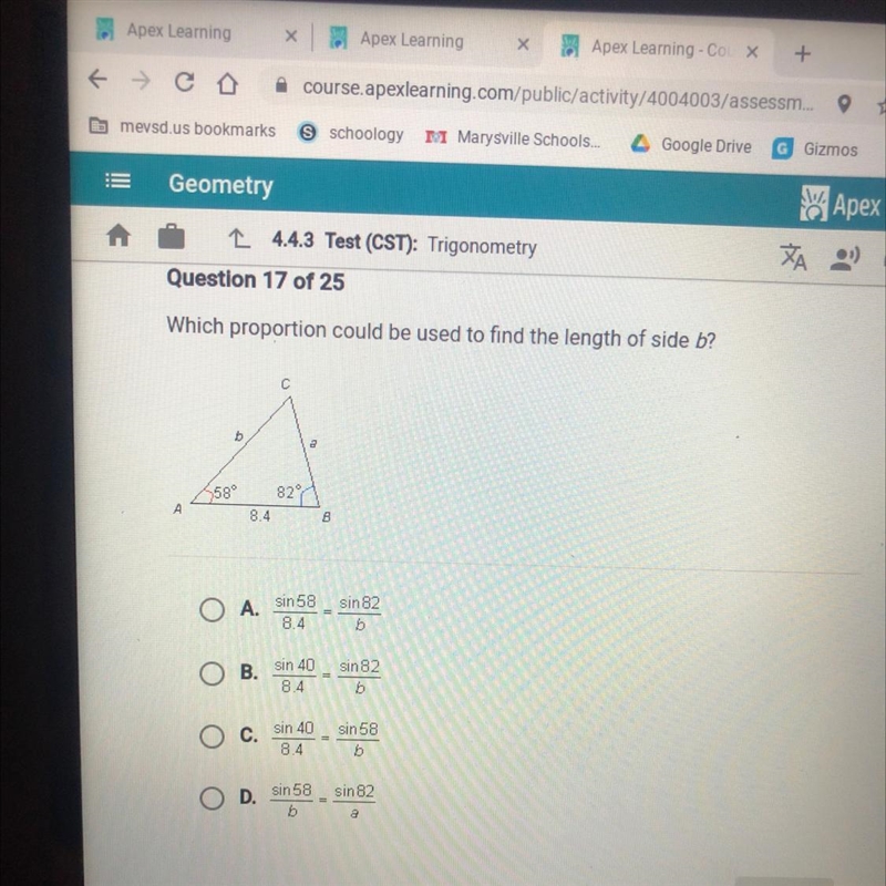 Which proportion could be used to find the length of side b? С a 829 58° А 8.4 B sin-example-1