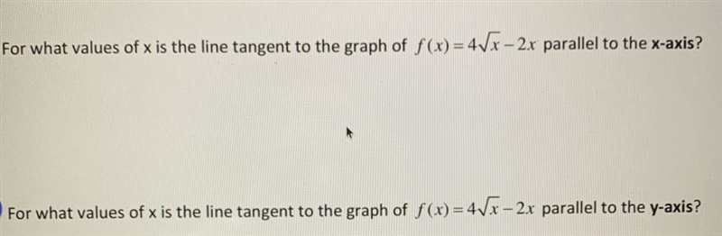 For what values of x is the line tangent to the graph of f(x) = 4sqrtx-2x parallel-example-1