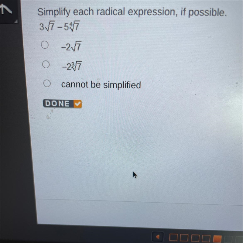 Simplify each radical expression, if possible 3v/7-5^4v/7-example-1