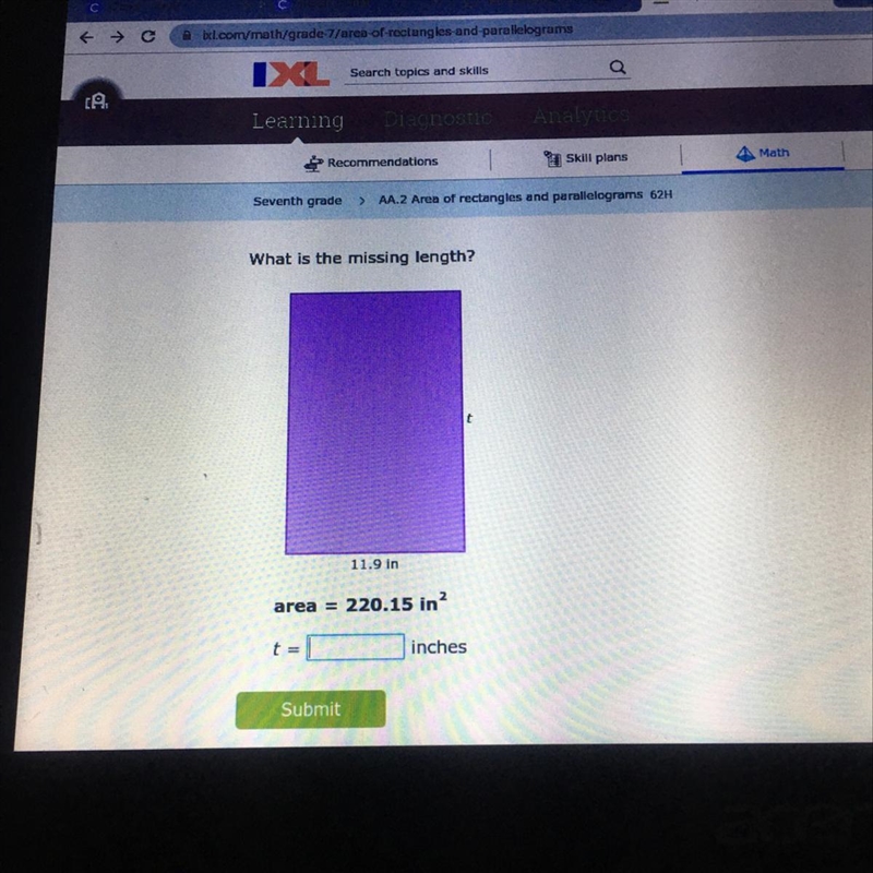 What is the missing length? 11.9 in area = 220.15 in?-example-1