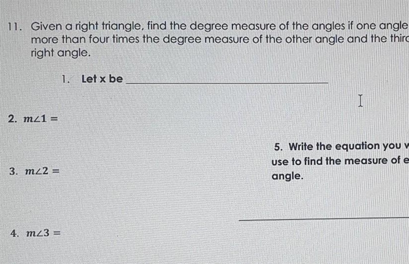 Help, 5 says write the equation you would use to find the measure of each angle ​-example-1